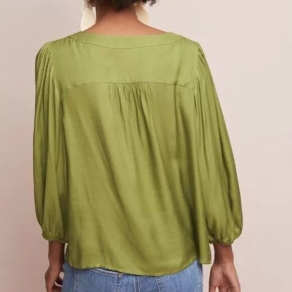 Anthropologie Maeve Kalas Henley Olive Green 3/4 Sleeve Round Neck Blouse SZ M - Picture 8 of 16